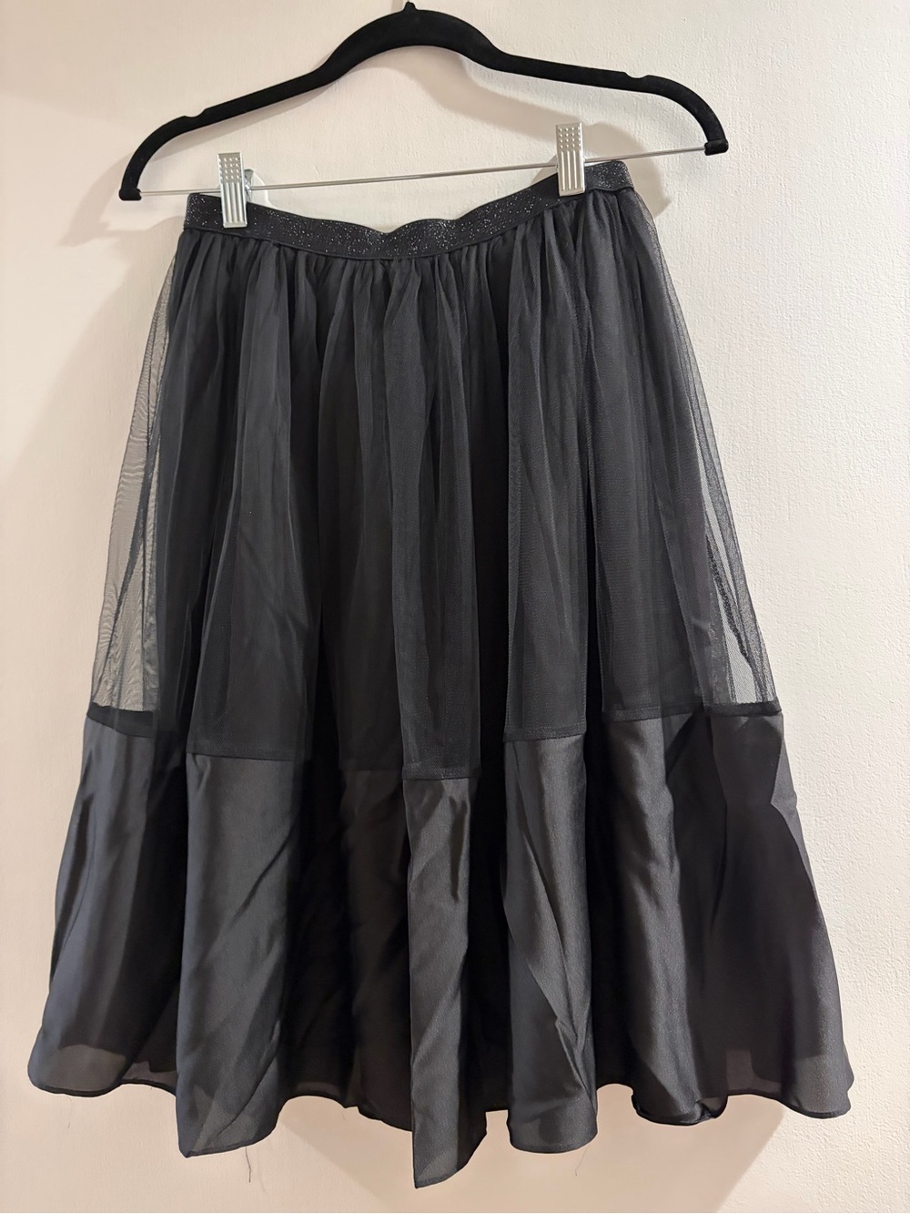 Black Layered Tulle Midi Skirt with Glitter Waistband